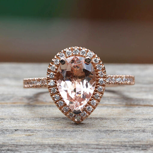 Pear Morganite Halo Engagement Ring Cathedral Shank Rose Gold LS6843
