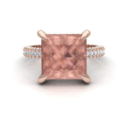 Princess Cut Peach Morganite Ring Diamond Hidden Halo Rose Gold LS6225