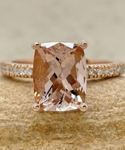 Rectangular Cushion Cut Peach Morganite Diamond Ring Rose Gold LS5092