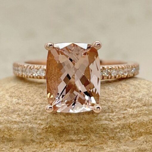 Rectangular Cushion Cut Peach Morganite Diamond Ring Rose Gold LS5092