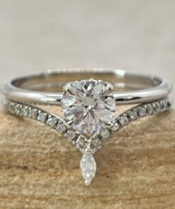 Round Lab Grown Diamond Ring Set Crown Band White Gold Platinum LS6966