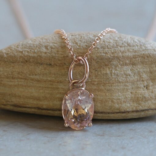 Side Halo Oval Cut AAA Peachy Pink Morganite Necklace Rose Gold LS7027