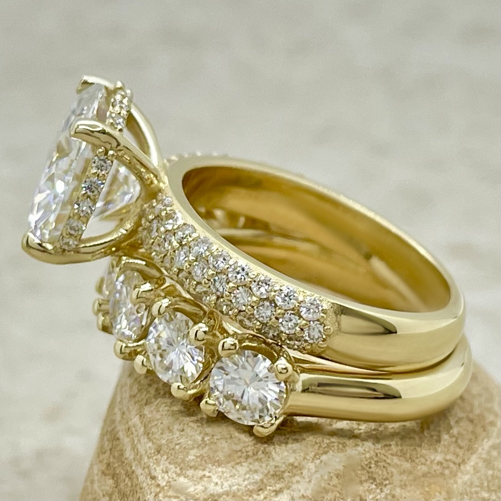 7 Stone Band Lab Diamond Engagement Ring Bridal Set Yellow Gold LS7030