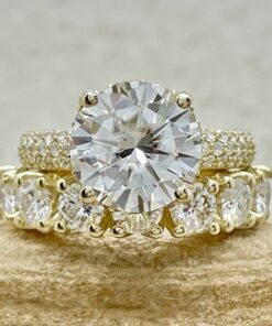7 Stone Round Cut Lab Diamond Engagement Ring Set Yellow Gold LS7030