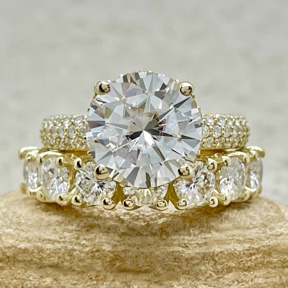 7 Stone Round Cut Lab Diamond Engagement Ring Set Yellow Gold LS7030