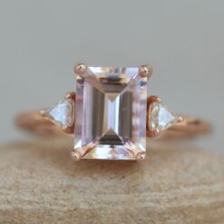 Dainty Emerald Morganite Three Stone Engagement Ring Rose Gold LS6404