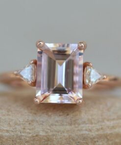 Dainty Emerald Morganite Three Stone Engagement Ring Rose Gold LS6404
