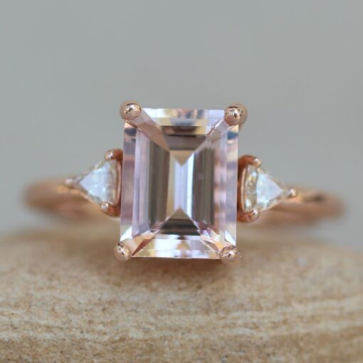 Dainty Emerald Morganite Three Stone Engagement Ring Rose Gold LS7069