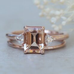 Dainty Emerald Morganite Three Stone Ring Bridal Set Rose Gold LS7069