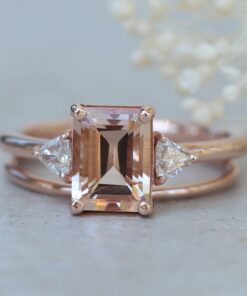 Dainty Emerald Morganite Three Stone Ring Bridal Set Rose Gold LS7069