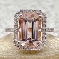 Emerald Cut Peach Morganite Diamond Engagement Ring Rose Gold LS7116