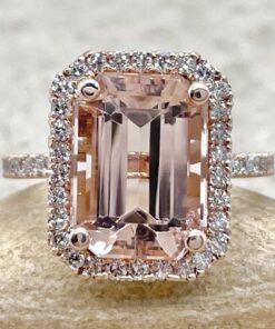 Emerald Cut Peach Morganite Diamond Engagement Ring Rose Gold LS7116