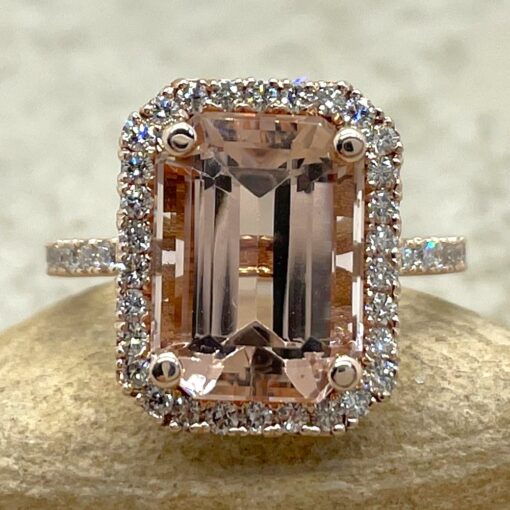 Emerald Peachy Pink Morganite Diamond Engagement Ring Rose Gold LS7116