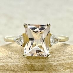 Peach Morganite Diamond Three Stone Engagement Ring Yellow Gold LS7068