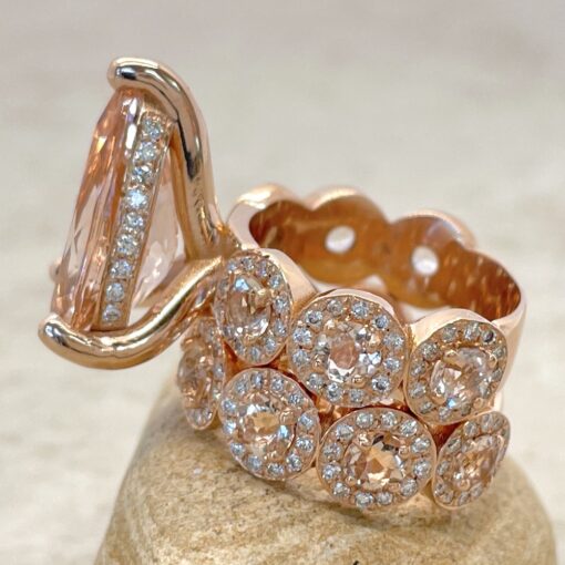 Peach Morganite Ring Matching Set Round Diamond Halos Rose Gold LS6748