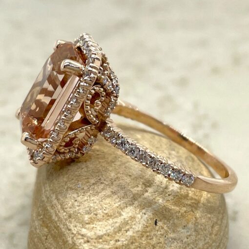 Peachy Morganite Engagement Ring Diamond Hidden Halo Rose Gold LS7116