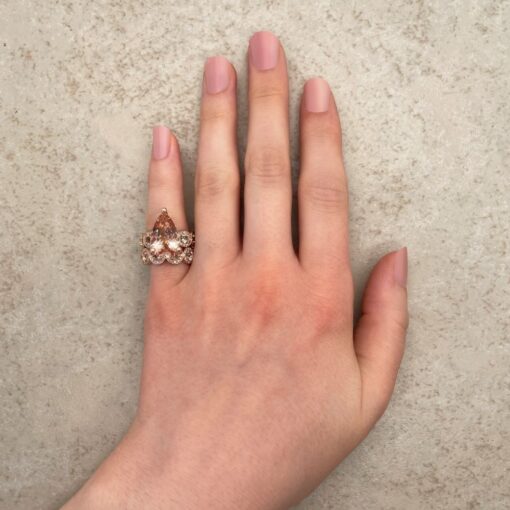 Peachy Morganite Ring Matching Set Diamond Halos Band Rose Gold LS6748