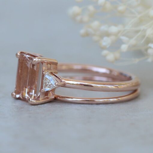 Peachy Morganite Trillion Diamond Engagement Ring Set Rose Gold LS7069