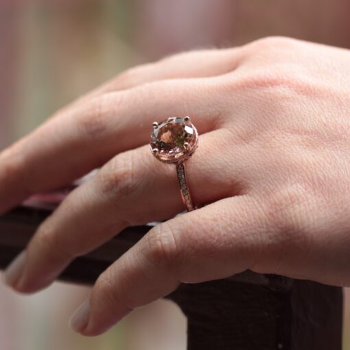 Peachy Pink Round Morganite Ring Diamond Hidden Halo Rose Gold LS7026