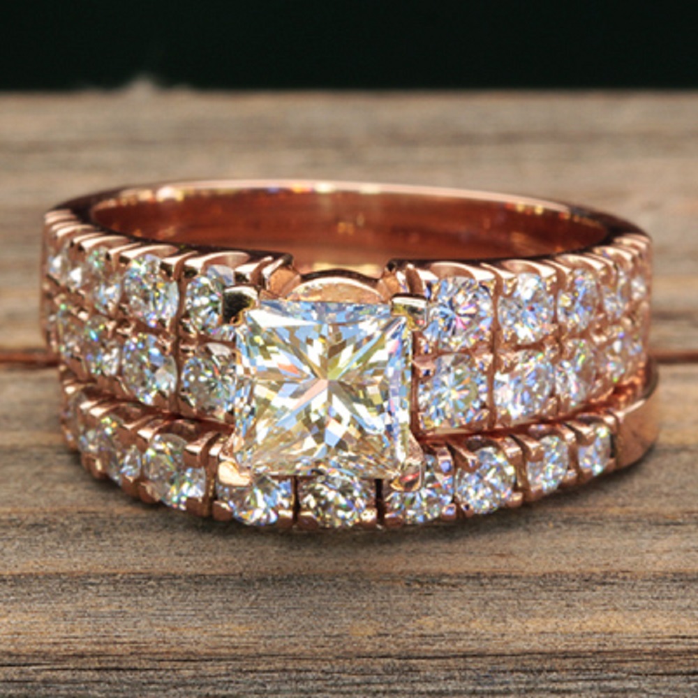 Princess Cut Lab Diamond Engagement Ring Bridal Set Rose Gold LS5041