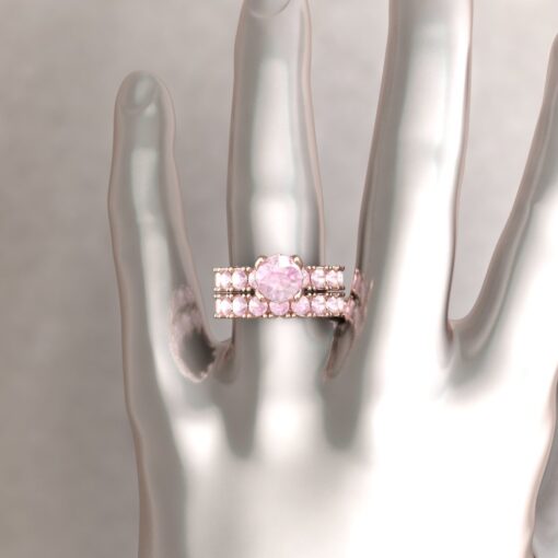 Rare Round Pink Morganite Flower Engagement Ring Set Rose Gold LS6274