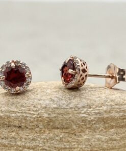 Red Garnet Diamond Filigree Studs January Birthstone Rose Gold LS7115