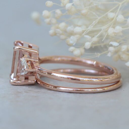 Solitaire Emerald Pink Morganite Engagement Ring Set Rose Gold LS7069