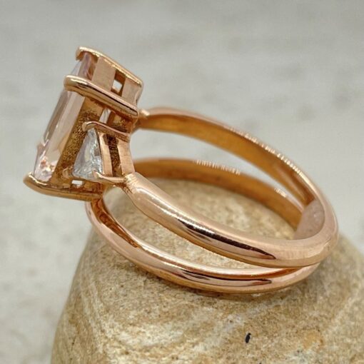 Three Stone Peachy Morganite Diamond Engagement Ring Rose Gold LS7070