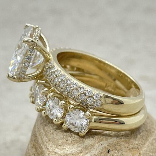 Triple Shank Round Moissanite Engagement Ring Set Yellow Gold LS7030