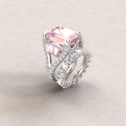 Custom Pure Pink Morganite Engagement Ring, Emerald Cut and Tapered Baguette - Image 2