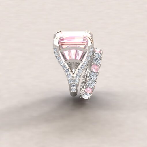 Custom Pure Pink Morganite Engagement Ring, Emerald Cut and Tapered Baguette - Image 4