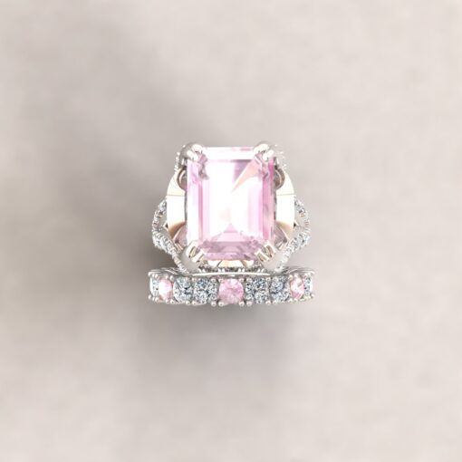 Custom Pure Pink Morganite Engagement Ring, Emerald Cut and Tapered Baguette - Image 5