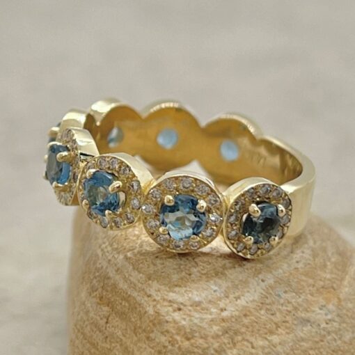 Blue Aquamarine Halo Ring Lab Organic Diamond Shank Yellow Gold LS7047