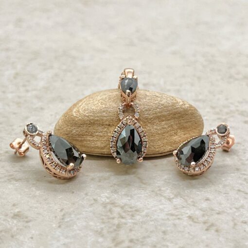 Genuine Salt and Pepper Diamond Necklace Earring Set Rose Gold LS7192