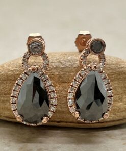 Pear Rose Cut Salt and Pepper Diamond Halo Earrings Rose Gold LS7140