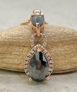 Pear Rose Cut Salt and Pepper Necklace Diamond Halos Rose Gold LS7139