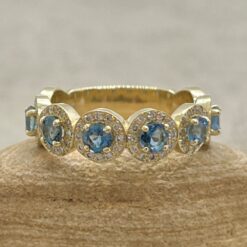 Round Aquamarine Gemstone Wedding Band Diamond Halo Yellow Gold LS7047