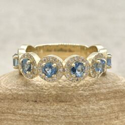 Round Aquamarine Gemstone Wedding Ring Diamond Halo Yellow Gold LS7047