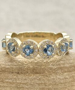 Round Aquamarine Gemstone Wedding Ring Diamond Halo Yellow Gold LS7047