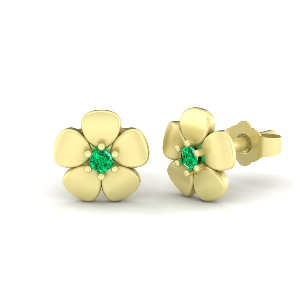 Emerald May Birthstone Round Flower Earrings Gift Yellow Gold LS4572