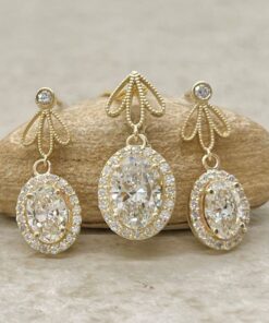 Flower Necklace and Earring Set Oval Lab Diamonds Yellow Gold LS7226