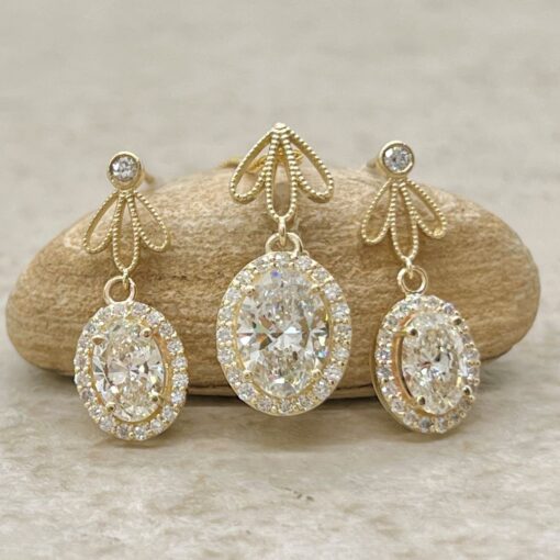 Flower Necklace and Earring Set Oval Lab Diamonds Yellow Gold LS7226