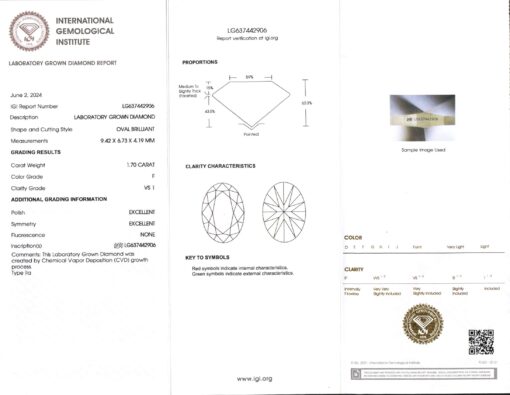 IGI Certified Lab Grown Diamond Oval Brilliant Cut Certificate LSG1403