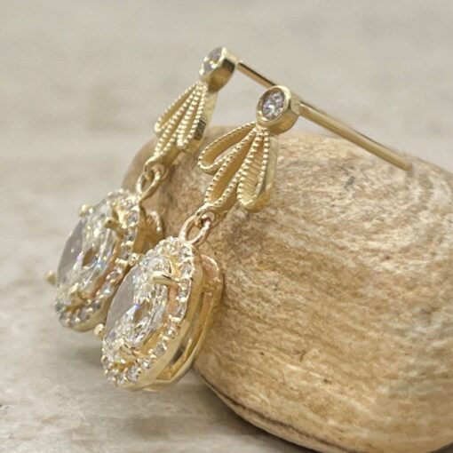 Lab Grown Oval Diamond Halo Flower Design Earrings Yellow Gold LS7196