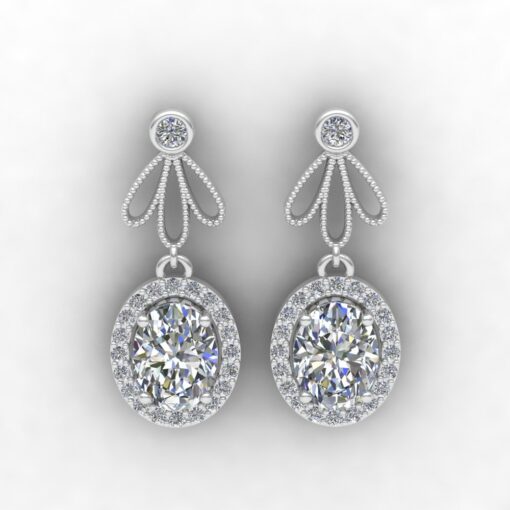 Lab Grown Oval Diamond Halo Flower Earrings White Gold Platinum LS7196