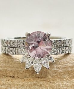 Light Pink Round Sapphire Diamond Ring Set White Gold Platinum LS7233