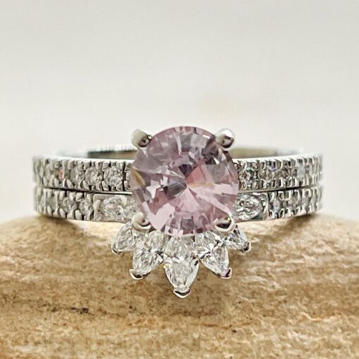 Light Pink Round Sapphire Diamond Ring Set White Gold Platinum LS7233