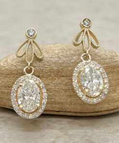Oval Cut Lab Diamond Flower Petal Dangle Earrings Yellow Gold LS7196