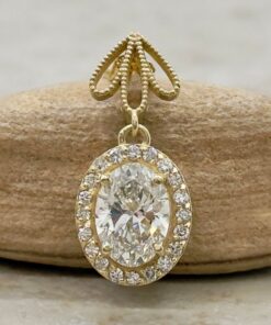 Oval Diamond Bridal Pendant Milgrain Flower Petals Yellow Gold LS7197