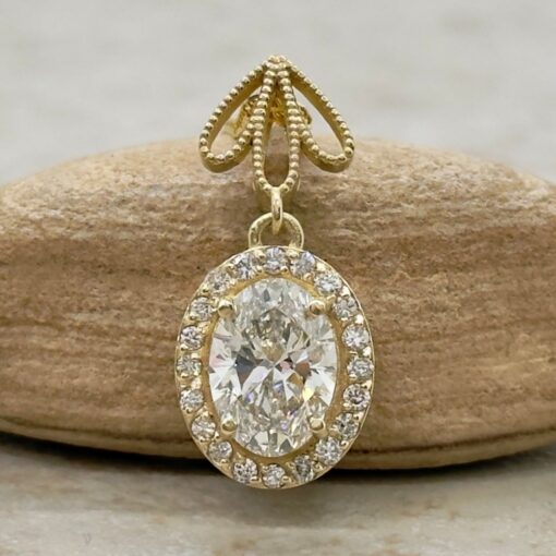 Oval Diamond Bridal Pendant Milgrain Flower Petals Yellow Gold LS7197